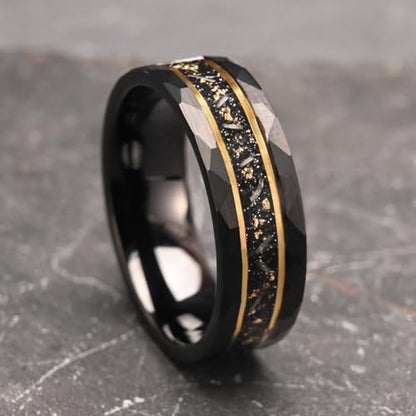 Tungsten Rings for men Black Hammered Men's Wedding bands | 8mm Inlaid Gold Foil Meteorite and Golden Grooves High Polish Matte Brushed Men's Engagement Rings Suitable for Anniversary - color: 8mm black