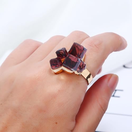 Hebelee Boho Square Crystal Statement Ring for Women Adjustable | Gold-Toned Expandable Promise Engagement Geometric Rings Comfort Fit Elegant Art Deco Christmas Cocktail Y2K Jewelry - color: Wine Red