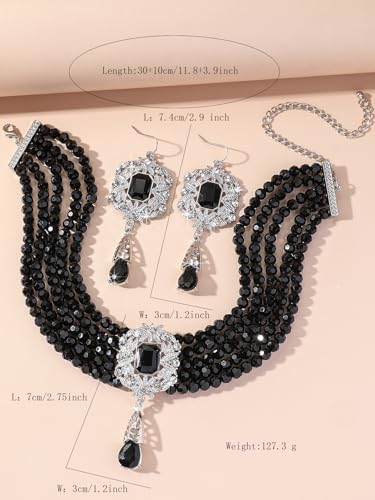 Missgrace Women Silver Black Green Red Rhinestone Crystal Tassels Bridal Necklace Earrings Sets Teardrop Necklace Dangle Earrings Set for Wedding Brides Bridesmaid - color: Silver Black