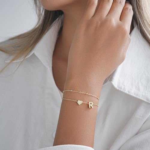Gold Initial Bracelets for Women Trendy, Dainty Layered 14K Gold Plated Heart Letter Charm Bracelets, letter beads for name bracelets Jewelry Gifts - color: Gold-P