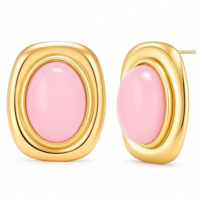 Chunky Gold Stud Earrings for Women 18K Gold Plated Hypoallergenic Chunky Statement Earrings Big Natural Crystal Stone Earring Gift for Women - color: Rose Quartz