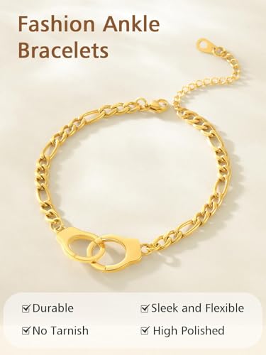 FindChic Stainless Steel Ankle Bracelets for Women, Waterproof Figaro/Cuban/Box/Beaded Chain Anklets, Summer Beach Foot Jewelry, 8.5''-10.5'' Adjustable Length, with Gift Box - style: HankCuff-Gold