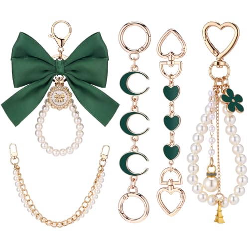 Sureio 5 Pcs Bag Extender Chain Pearl Purse Chain Ribbon Bow Keychain Extender Bag Strap Purse Charms Accessories for Handbag - color: Dark Green and Gold