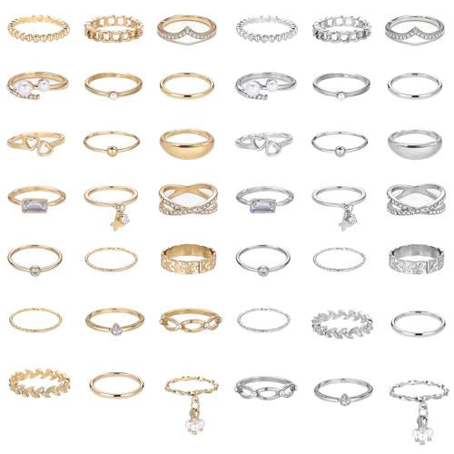 42-Piece Gold Tone Stackable Ring Set for Women, Boho Minimalist Stacking Rings with Crystal & Heart Accents, Adjustable Open Band Jewelry for Daily Wear - style: ZH00097
