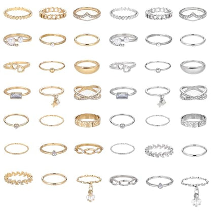 42-Piece Gold Tone Stackable Ring Set for Women, Boho Minimalist Stacking Rings with Crystal & Heart Accents, Adjustable Open Band Jewelry for Daily Wear - style: ZH00097