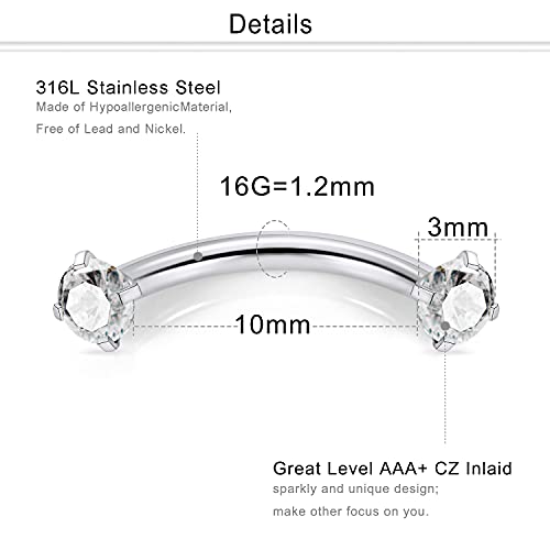 40Pcs 16G Surgical Steel Daith Rook Earring 8mm 10mm Curved Barbell Eyebrow Rings Belly Button Ring Piercing Jewelry for Women Men