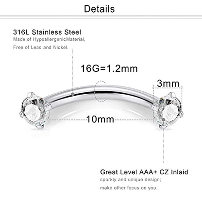 40Pcs 16G Surgical Steel Daith Rook Earring 8mm 10mm Curved Barbell Eyebrow Rings Belly Button Ring Piercing Jewelry for Women Men