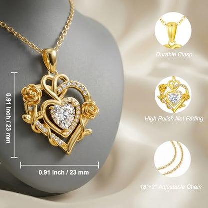 KQ&TTENG Heart Necklaces for Women 14K Gold Plating Hearts Necklace CZ Romantic Rose Pendant Mothers Day Anniversary Birthday Gift for Wife Mom Her - style: 14-Double Rose Heart Necklace
