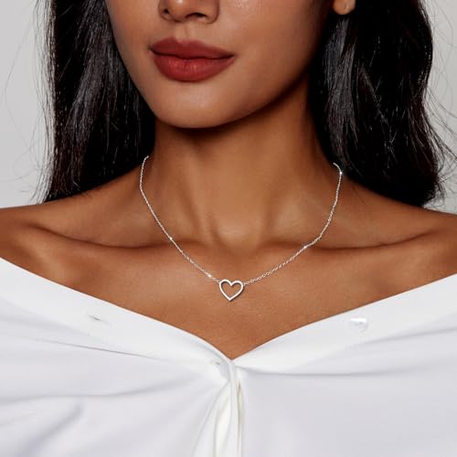 Zeffy Dainty Gold Heart Necklace for Women Trendy 14K Gold/Silver Plate Cute Heart Pendant Choker Necklaces Gold Love Heart Chain Necklace for Women Dainty Gold Jewelry Gifts for Women - style: Open Heart Necklace-Silver