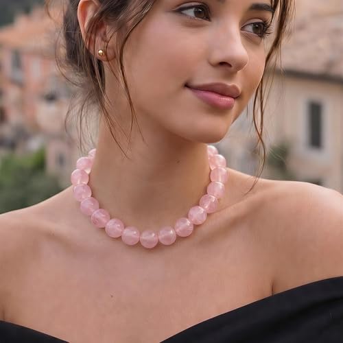 Multicolor Chunky Beaded Necklace, Statement Colorful Round Ball Beads Choker Necklace with Gold-Tone Adjustable Chain, Fashion Bold Neck Jewelry for Women - color: 20MM-Pink