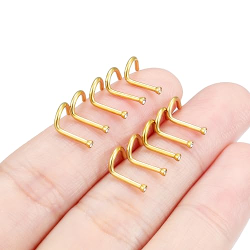 Hoeudjo Nose Studs Surgical Steel Cubic Zirconia Nose Rings Kit for Women Men Tiny Nose Stud Bone & Screw & L Shaped Nostril Piercing Jewelry 18/20/22/24 Gauge 10 Pieces - color: gold-tone,screw nose studs, size: 18g/1.5mm clear CZ