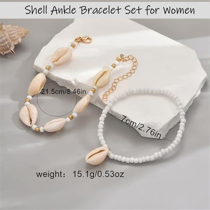 Shell Ankle Bracelet Set for Women,Boho Adjustable Beads Anklet Pack Natural White Shells Stack Stretch Seashell Pearl Starfish Bracelet Set Hawaiian Beach Vacation Foot Jewelry - style: N-Beads Shell