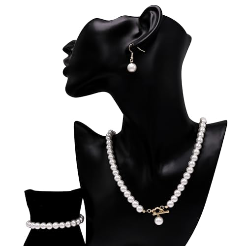 Cryshimmer Pearl Choker Necklace for Women Faux Pearl Beads Strand Necklace Earring Set Costume Jewelry,Gift for Wife Mother - color: 4-leaf Toggle
