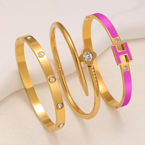 3Pcs Gold Bracelets for Women 14K Gold Plated Love/H/Nail Bangle Bracelet Dainty Non Tarnish Bracelet Jewelry Christmas Mothers Day Gifts for Women - color: 3Pcs Gold/Purple H bracelet
