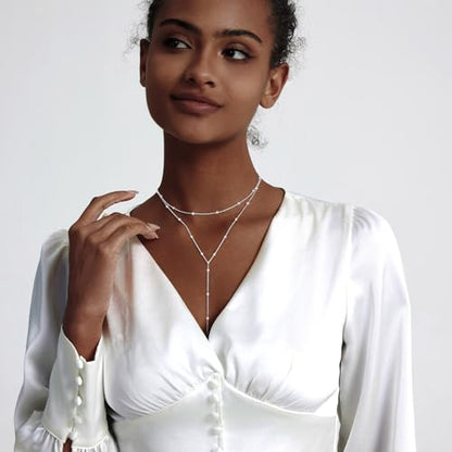 Zeffy Lariat Gold Necklace for Women, Dainty Long Necklace 14k Gold/Silver Plated Layered CZ Beaded Bar Chain Y-Shaped Body Chain Stack Drop Wedding Necklace Trendy Simple Gold Jewelry Gifts - color: Silver Y Bead Necklace (1PCS)