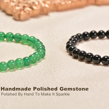 2PCS Agate Bracelet for Women Men Natural Round Beaded Agates Stone Healing Stretch Bracelets Elastic Handmade Polished Gemstone Beads Bracelet - color: Black+Green, size: 6mm Beads