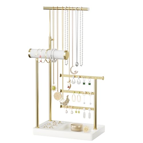 SZQINJI 5 Tier Jewelry Holder Organizer, Gold Necklace Stand Display, White | Velvet Bracelet Holder, Adjustable Height Jewelry Display for Necklaces, Bracelets, Earrings, Rings, Gift Idea for Women - color: White