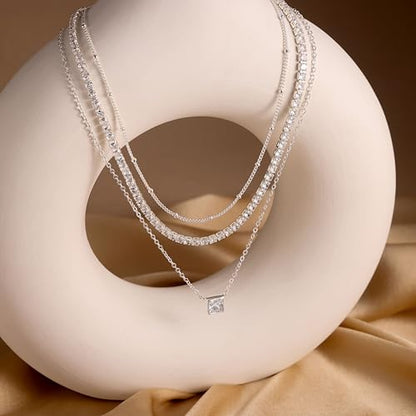 CHESKY Layered Silver Necklace for Women Trendy,Dainty Silver Plated Stackable Charm Necklace Layering Paperclip Tennis Rope Chain CZ Pendant Jewelry Set Gifts - style: tennis