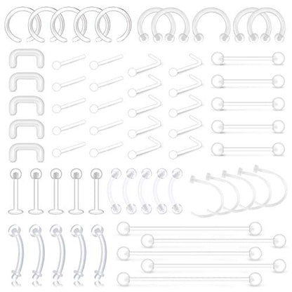 D.Bella 65pcs Mix Style Clear Piercing Retainer Flexible Lip Ear Nose Septum Eyebrow Nipple Tongue Rings Cartilage Tragus Earrings Retainer Bioflex Horseshoe Hoop Industrial Barbell - color: 65 Pcs Mix Style A