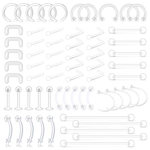 D.Bella 65pcs Mix Style Clear Piercing Retainer Flexible Lip Ear Nose Septum Eyebrow Nipple Tongue Rings Cartilage Tragus Earrings Retainer Bioflex Horseshoe Hoop Industrial Barbell - color: 65 Pcs Mix Style A