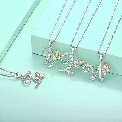 STARCHENIE Initial Necklace for Women Sterling Silver Letters 26 Alphabet Pendant Rose Flower Jewelry Gifts for Family Sisters Friend - color: Y