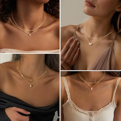 Yoosteel Layered 14K-Gold-Plated Necklace for Women,CZ Necklaces Stack | Dainty Cubic Zirconia Pendant Necklace,Simple Chain Choker Stackable,Trendy Jewelry,Wedding Bridesmaid Gifts - color: Layered Rectangle CZ