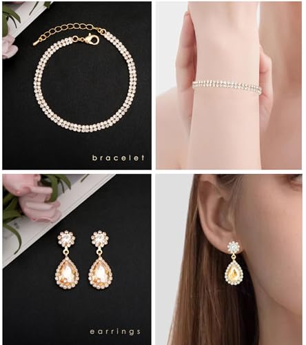Elegant Silver Crystal Wedding Necklace Earrings Bracelet Jewelry Set for Women Brides Bridesmaids Prom Party Costume Accessory Bridal Jewelry - color: champagne-gold