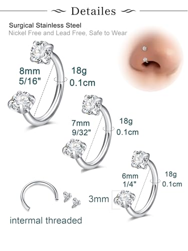 Longita 20g Nose Rings Hoop L Shape Nose Studs Stainless Steel Nose Screw Bone Flat Top Diamond Opal Heart High Nostril Piercing Jewelry Silver Rose Gold Black Pack for Women Men - color: C5- Horseshoe Ring 18g 6/7/8mm- silver 3pcs