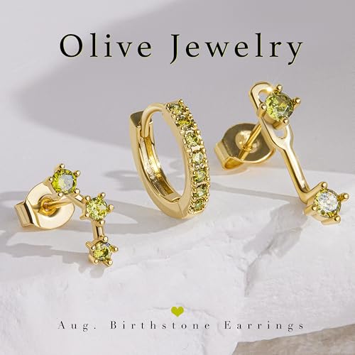 3 Pairs Dainty Small Earrings Set for Women Trendy, Birthstone Stud Huggie Hoop Jacket Stack for Cartilage Helix, Gold Plated Hypoallergenic Cute Women Fashion Accessories Western Jewelry Gifts - color: 08Olive Green Created Peridot-Aug (Gold)