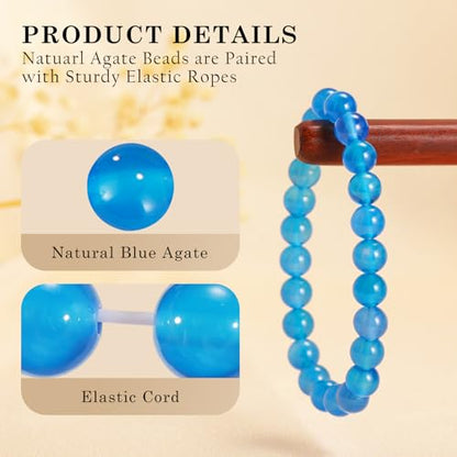 Agate Round Beaded Bracelet for Women Men Natural Agates Stone Healing Bracelets Stretch Elastic Handmade Polished Gemstone Beads Bracelet - color: Blue-1, size: 8mm Beads