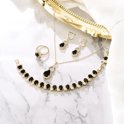 Wedding Jewelry Set for Women Bride Bridesmaid | Gorgeous Cubic Zirconia Teardrop Necklace Earrings Bracelet Adjustable Ring Jewelry Gift for Birthday/Anniversary - color: 12-Black Gold-Tone