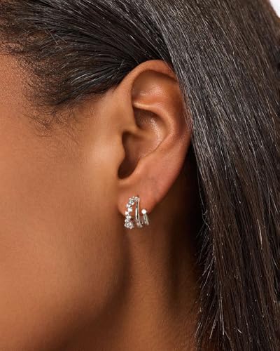 Gold Earrings for Women, Dainty Triple Huggie Earrings 14K Gold Plated Small Hoop Earrings for Women Trendy Cute Hypoallergenic Stud Earrings Unique Double Hoops Waterproof Womens Jewelry Gifts - color: silver plated-E