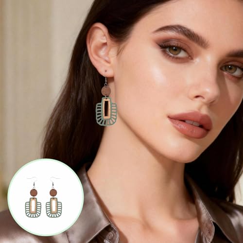 Bohemian Boho Olive Green Wooden Dangle Earrings for Women, Vintage Western Geometric Teardrop Style