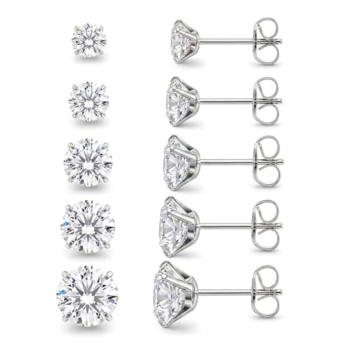 Stainless Steel Stud and Hoop Earrings Sets for Ear Stacks | Choose gold or silver pearl studs, CZ studs, flat backs, butterfly backs, hoops and multi-pair ear stack sets. - color: 5 Pairs 20G Silver