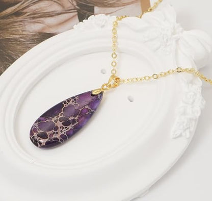Stone Necklaces for Women Teardrop Gemstone Pendant Necklace Natural Stone Chain Necklaces - color: Purple Gold