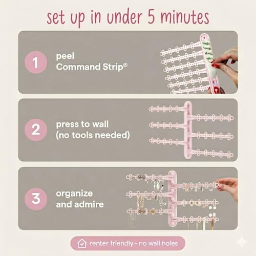 6-Tier Hanging Wall Jewelry Organizer, Earring, Necklace, Ring Holder-Pink | Large Capacity with 120 Earring Holes, Rotating Branches, Includes 3M Command Strips, Bracelet, Ring & Necklace Storage - color: 6-Tier Pastel Pink