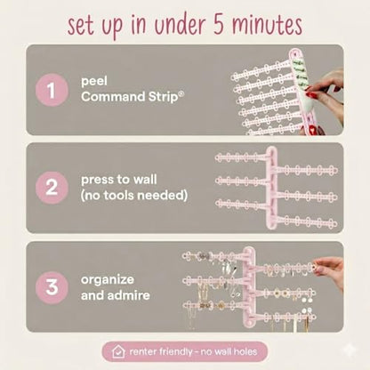 6-Tier Hanging Wall Jewelry Organizer, Earring, Necklace, Ring Holder-Pink | Large Capacity with 120 Earring Holes, Rotating Branches, Includes 3M Command Strips, Bracelet, Ring & Necklace Storage - color: 6-Tier Pastel Pink