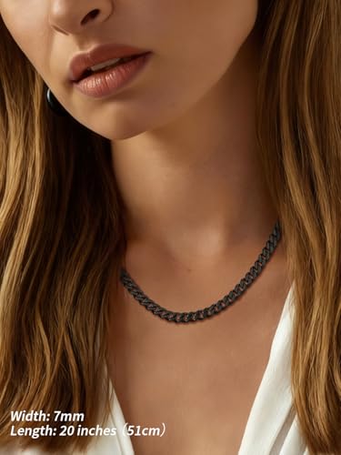 FindChic Men Curb Chain Necklace 18K Gold Plated/Stainless Steel/Black Chunky Double Tight Cuban Link Hip Hop Neck Chains for Men Boys 3.5MM/5MM/6MM/7MM/9MM/12MM 14''-30'' 8 Length Options (Send Gift Box) - color: A.7mm Width-Black, size: 14 inches