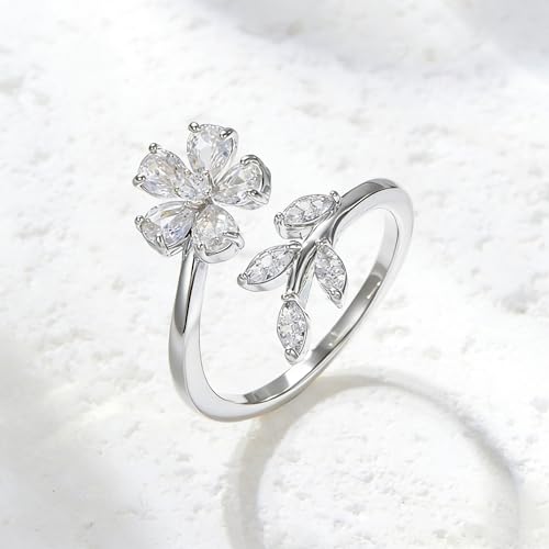 Ladies' Alloy Flower Leaf Open Ring, Silver Tone with Crystal Accents, Adjustable - color: Silver