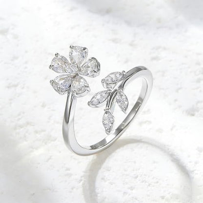 Ladies' Alloy Flower Leaf Open Ring, Silver Tone with Crystal Accents, Adjustable - color: Silver