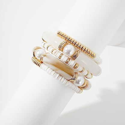 GOOJIDS Simple Beaded Gold Plated Bangles Bracelet Chunky Bamboo Tube Curved Stacking Clear Acrylic Colorful Beads Stretchable Gold Plated Bracelets Set For Women - color: A-A1 Ivory Set