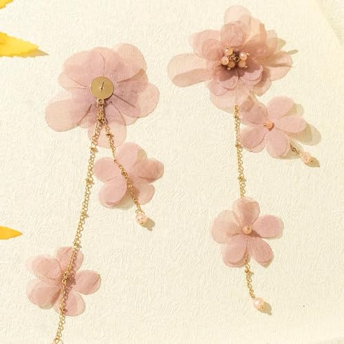 Flower Earrings for Women Long Fabric Flower Tassel Earrings Bohemian Handmade Floral Statement Earring Wedding Prom Jewelry Gifts - color: A4：pink