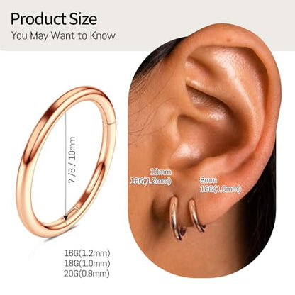 WYR 3Pcs Hypoallergenic Titanium Nose Rings for Women Men 16G 18G 20G | Black/Gold/Silver Seamless Septum Ring CZ & Double Hoop Clicker Conch Earrings Cartilage Piercing Jewelry 7mm 8mm 10mm - color: Rose Gold, size: 16g 7mm