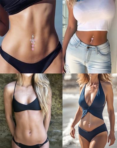 Belly Button Ring Surgical Stainless Steel Belly Button Rings for Women Pink Piercing Jewelry Dangling Belly Ring Pack - color: Gold