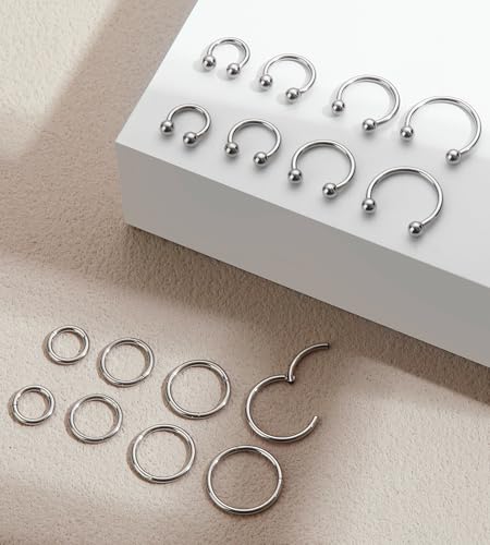 16PCS Surgical Stainless Steel Hinged Clicker Segment Horseshoe Septum Lip Eyebrow Rings 16G Nose Ring Hoop Cartilage Helix Conch Tragus Rook Daith Earrings Piercing Jewelry for Women Men 6mm 8mm 10mm 12mm - color: Silver Tone