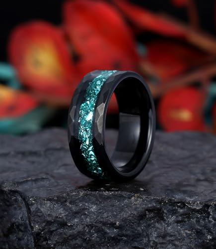 8mm Black Tungsten Mens Wedding Band with Moss Agate/Emerald/Citrine | Amethyst/Aquamarine, Gothic, Birthstone, Hammered, Engagement Promise Ring, Anniversary Valentine Day Birthday Gift for Him - style: Greenish Blue Aquamarine