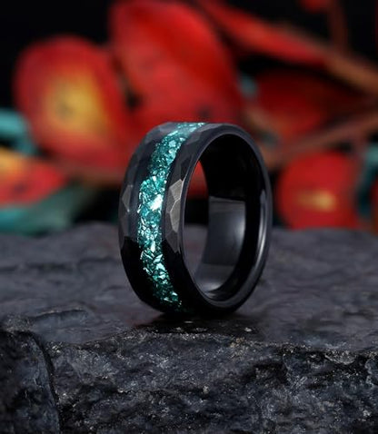 8mm Black Tungsten Mens Wedding Band with Moss Agate/Emerald/Citrine | Amethyst/Aquamarine, Gothic, Birthstone, Hammered, Engagement Promise Ring, Anniversary Valentine Day Birthday Gift for Him - style: Greenish Blue Aquamarine