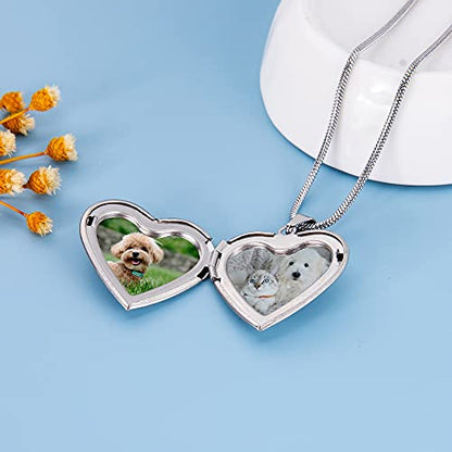 Farfume Personalized Photo Necklace for Women/Men, Memorial Jewelry Gifts | Holds 2 Pictures Pendant, Custom Engraved Text, Beautiful Locket for Girls, Durable Stainless Steel, Mothers Day Gifts - color: Heart Locket Silver