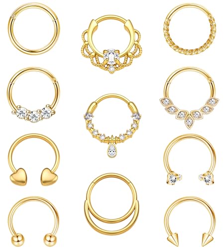 11PCS 16G Septum Rings Surgical Stainless Steel Septum Jewelry Hinged Clicker Segment Horseshoe Septum Piercing Gold Plated Daith Earrings for Women Men 8mm 10mm - color: Gold Tone