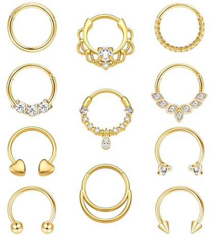 11PCS 16G Septum Rings Surgical Stainless Steel Septum Jewelry Hinged Clicker Segment Horseshoe Septum Piercing Gold Plated Daith Earrings for Women Men 8mm 10mm - color: Gold Tone